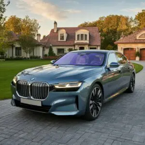 Image of BMW i4 electric vehicle (EV) in front of a beautiful suburban home