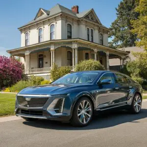 Image of Cadillac Lyriq EV electric vehicle (EV) in front of a beautiful suburban home