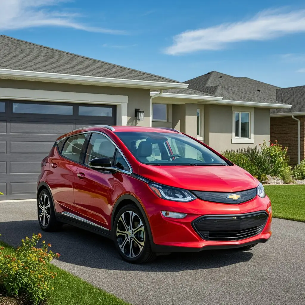 Image of Chevrolet Bolt EV electric vehicle (EV) in front of a beautiful suburban home