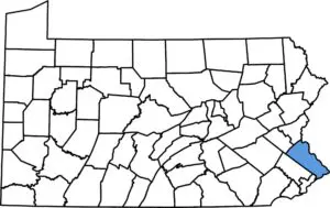 Map of Pennsylvania that illustrates the placement of Bucks County highlighting the service area of Synergy Power Systems - installation professionals of EV charging stations and whole house generators