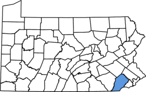 Map of Pennsylvania that illustrates the placement of Chester County highlighting the service area of Synergy Power Systems - installation professionals of EV charging stations and whole house generators