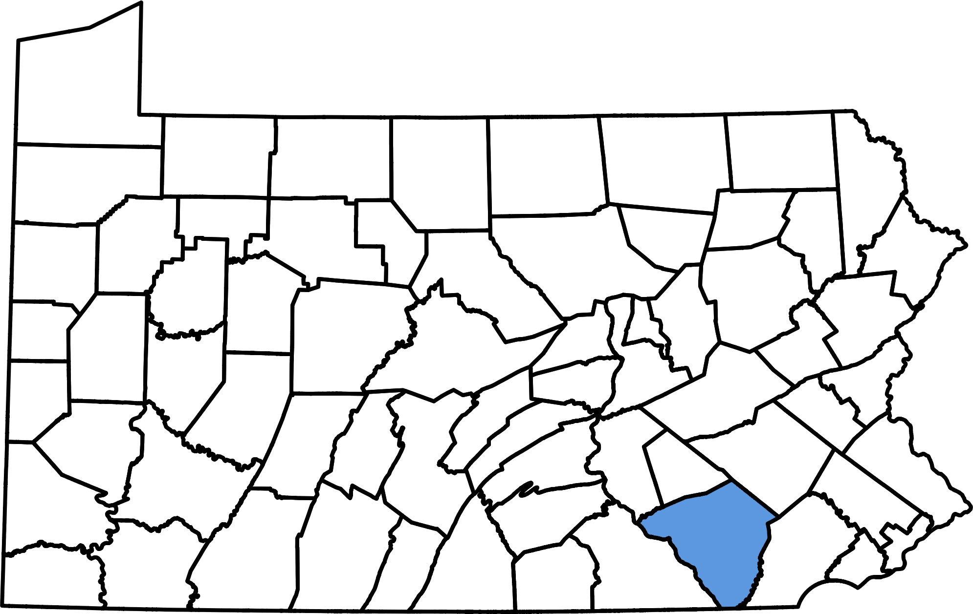 Map of Pennsylvania that illustrates the placement of Lancaster County highlighting the service area of Synergy Power Systems - installation professionals of EV charging stations and whole house generators