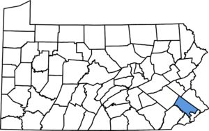 Map of Pennsylvania that illustrates the placement of Montgomery County highlighting the service area of Synergy Power Systems - installation professionals of EV charging stations and whole house generators