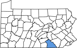 Map of Pennsylvania that illustrates the placement of York County highlighting the service area of Synergy Power Systems - installation professionals of EV charging stations and whole house generators