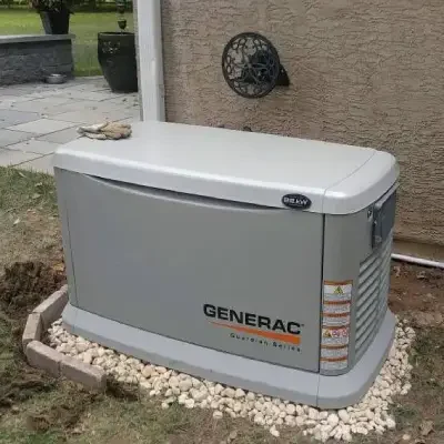 22kw generac generator - installed by synergy power systems in central and souteastern pa - 01 A Generac Guardian series 22 kW whole home generator installed along the side of a residential home in southeastern and central PA, offering a powerful and efficient source of backup power during outages.